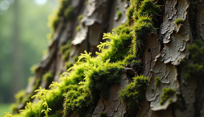 Obraz premium Lush green moss growing on tree bark in forest