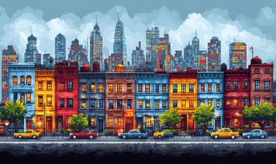 Obraz premium pixel art game asset row of colorful houses in front of a large city skyline with cloudy sky .