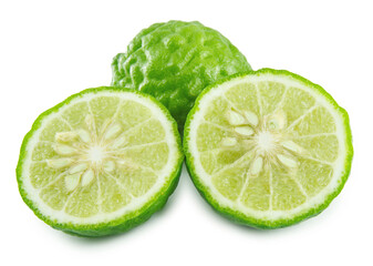 Bergamot and kaffir lime leaves on white background