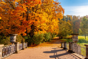 Viskontyev bridge over Slavyanka river in autumn in Pavlovsky park, Pavlovsk, Saint Petersburg,...