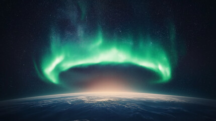 Powerful solar storm interacting with Earth&rsquo;s magnetic field, bright auroras over the poles, space scene