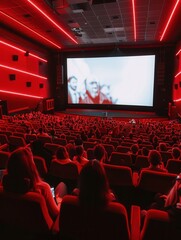 A crowd of movie-goers relaxes in plush seats while enjoying a captivating film on a large screen in a uniquely lit theater. Generative AI