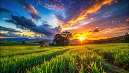 Fototapeta premium Vibrant Sunset Over Scenic Field: A Stunning Panoramic View of Nature's Beauty