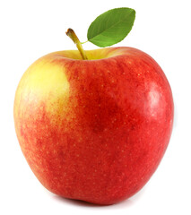 Red apple with green leaf isolated on white background