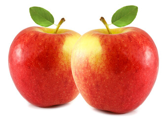 Red apples with green leaf isolated on white background