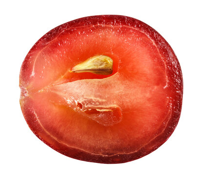 Translucent slice of red grape fruit, macro isolated on white