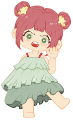 Christmas Chibi Girl with Festive Green Dress and Red Hair Buns