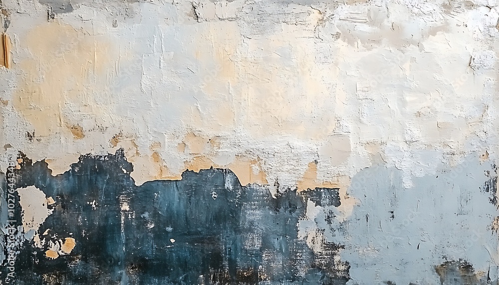 Aufkleber A textured wall featuring a backdrop of peeling paint in shades of blue, cream, and gray, creating a weathered and rustic appearance.