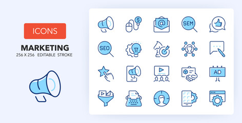 Line icons about marketing and advertising. Contains such icons as campaign, SEO, brand and more. 256x256 Pixel Perfect editable in two colors