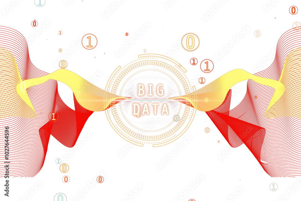 Poster Big Data analysis with binary flow on white background. Technology concept. 3D Rendering