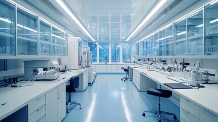 Fototapeta premium A fully equipped laboratory with benches and instruments, completely empty.
