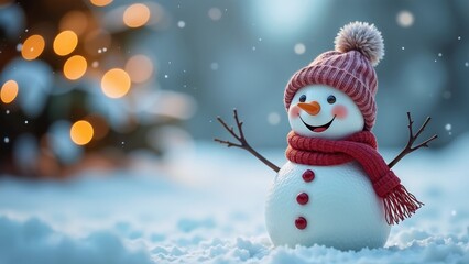 Obraz premium Closeup of a cute funny laughing snowman with red wool hat and scarf, on snowy snow cape with bokeh lights. Winter holiday Christmas background banner