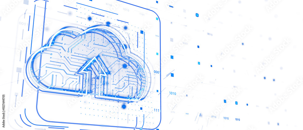 Aufkleber Cloud computing network icon in blue glow, white background. 3D Rendering
