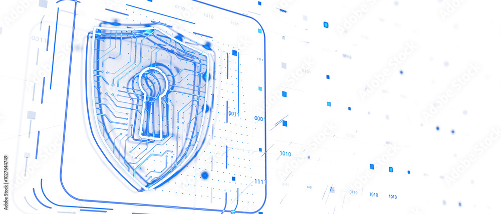 Poster shield with keyhole symbol over blue digital lines, white background, concept of cybersecurity, 3d r