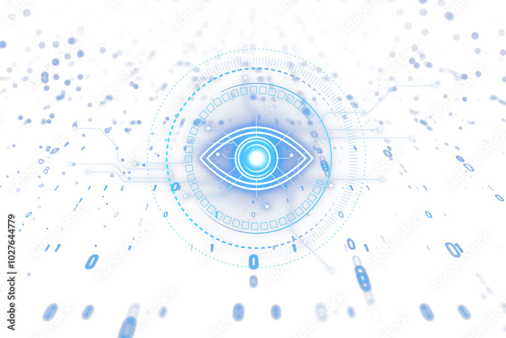 Poster Digital eye with tech circuits and blue elements on white background. 3D Rendering