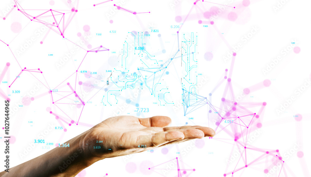 Aufkleber Hand holding AI circuit design with neural network concept