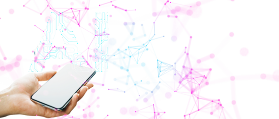 Hand holding smartphone, AI circuit text, white digital background
