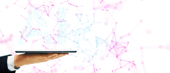 Hand holding tablet with AI symbol, white background, tech concept