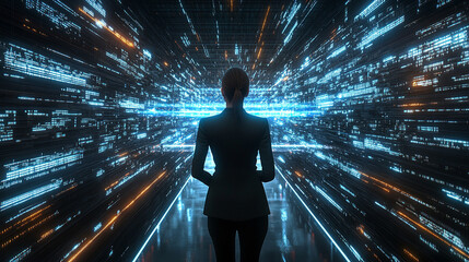 female businesswoman stands confidently with her back to the camera, immersed in a virtual cyber tech environment. The glowing screens and futuristic elements symbolize innovation and empowerment