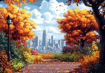 Obraz premium Pixel art lamppost overlooking brick pathway leading to cityscape with fall foliage in the foreground
