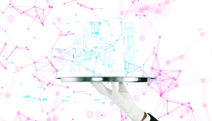 AI letters on a tray with circuit design, white background, technology concept