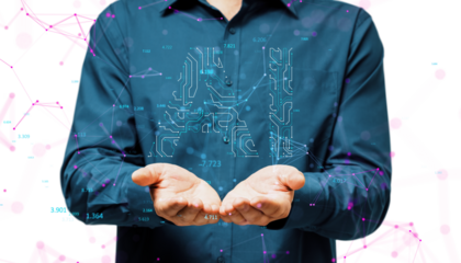 Hands holding AI digital elements, tech design, white background, concept of technology