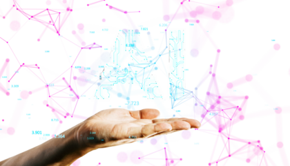 Hand holding AI circuit design with neural network concept