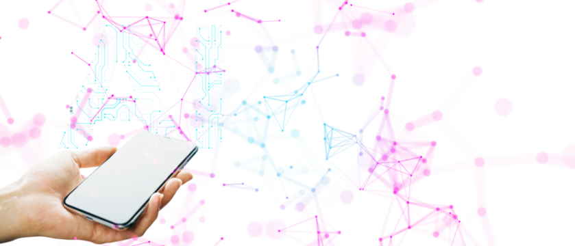 Hand holding smartphone, AI circuit text, white digital background - Powered by Adobe