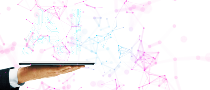 Hand holding tablet with AI symbol, white background, tech concept