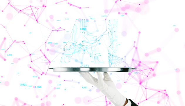 AI letters on a tray with circuit design, white background, technology concept