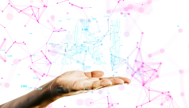 Hand holding AI circuit design with neural network concept - Powered by Adobe