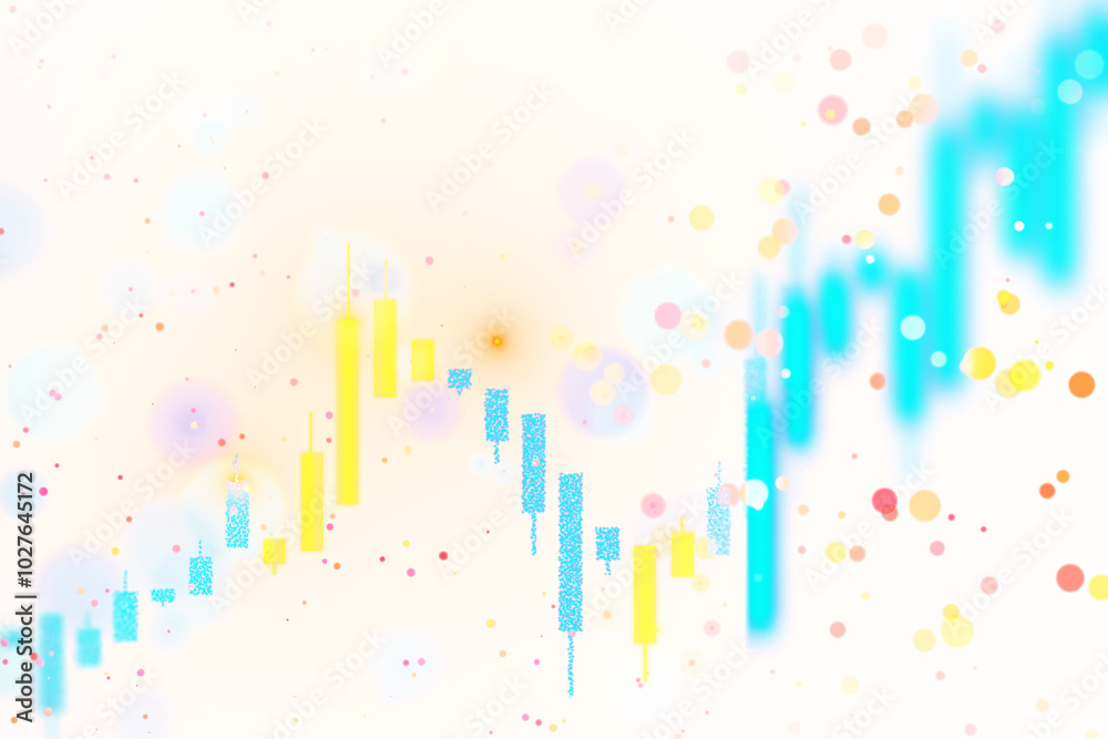 Poster Candlestick forex trading chart with glowing dots, white background, data concept. 3D Rendering
