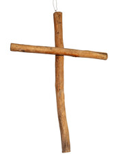 Wooden cross on a white background.