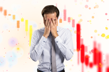 Man covering face, falling stock chart, white background, crisis concept