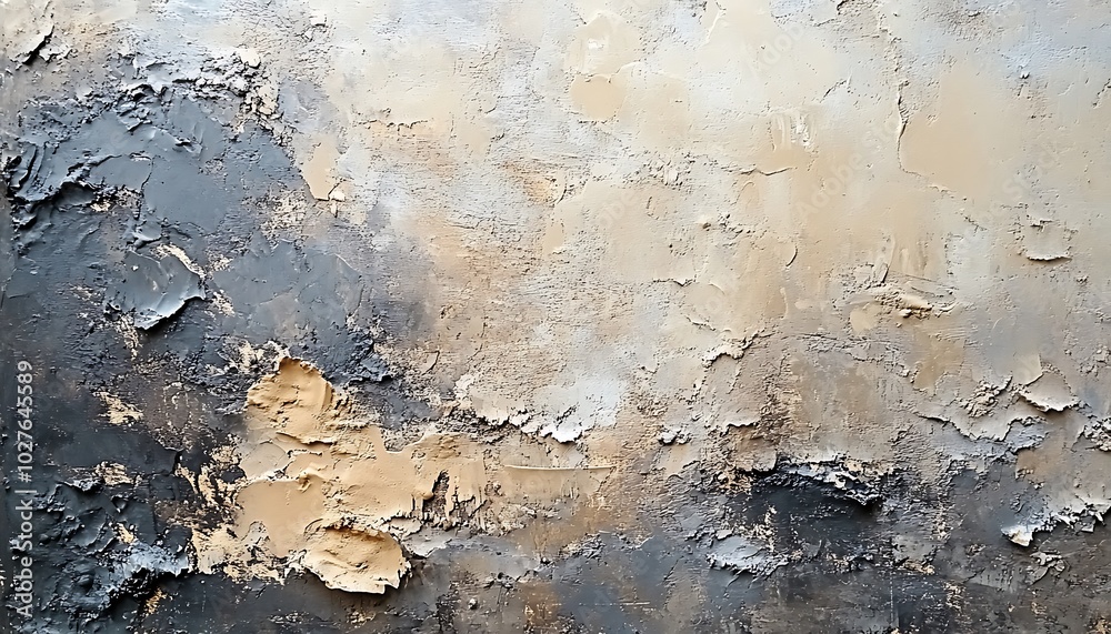 Fototapete an abstract texture with peeling layers in shades of gray, beige, and black, creating a rustic and w