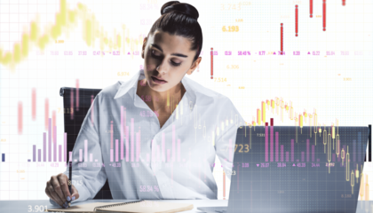 Woman in white shirt with stock market graphs, white background