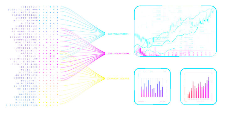 Binary code, data flowing into charts, white background, technology concept. 3D Rendering.