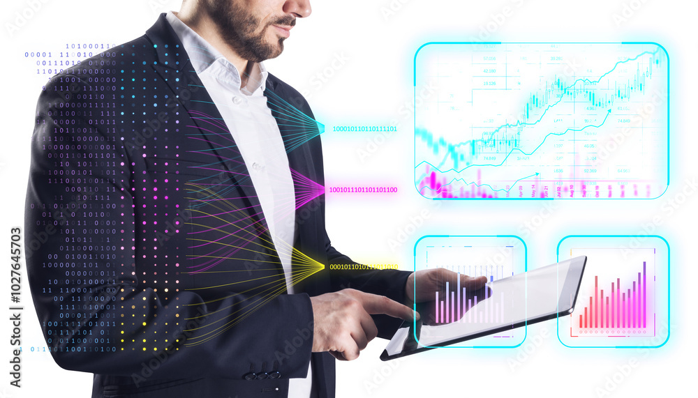 Poster Man using tablet with data analysis visuals on white background