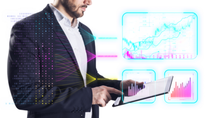 Man using tablet with data analysis visuals on white background