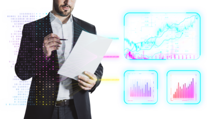 A man holding paper, financial charts on white background, concept of analysis