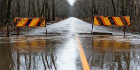 Long road completely submerged in water with visible orange and black warning signs, emphasizing the difficulties in travel and safety concerns during flooding.