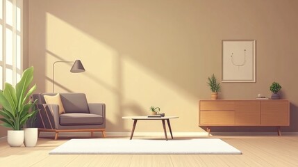 A living room with a grey armchair, a coffee table, a rug, a side table with a lamp, a cabinet and a plant in a pot.