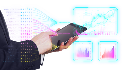 Person holding tablet with data, charts, and graphs concept