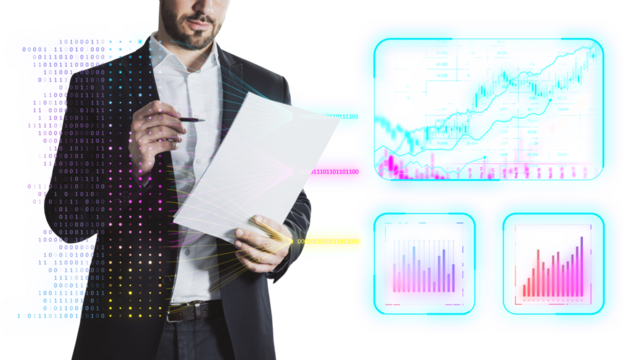 A man holding paper, financial charts on white background, concept of analysis