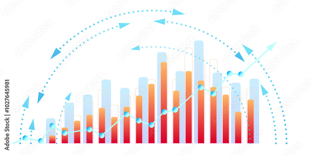 Aufkleber Colorful bar and line graph with arrows. white grid background. 3D Rendering