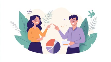 A man and a woman pointing at a pie chart, discussing business development trends in a clean and minimalist flat vector illustration.