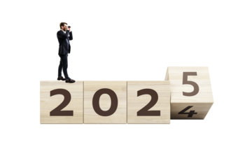 Man with binoculars on 2025 blocks on white background, future vision concept