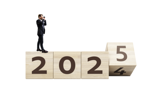 Man with binoculars on 2025 blocks on white background, future vision concept