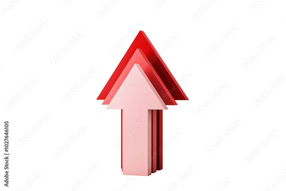 Poster red arrows pointing up, layered on white background, growth concept. 3d rendering.