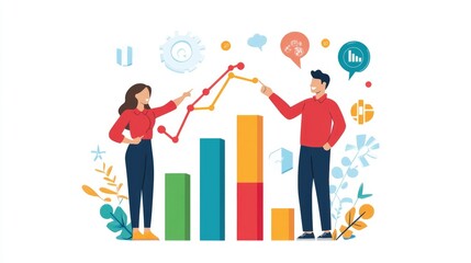 Fototapeta premium A man and woman pointing at a simple bar chart, analyzing sales growth data with minimalist icons and flat vector graphics.